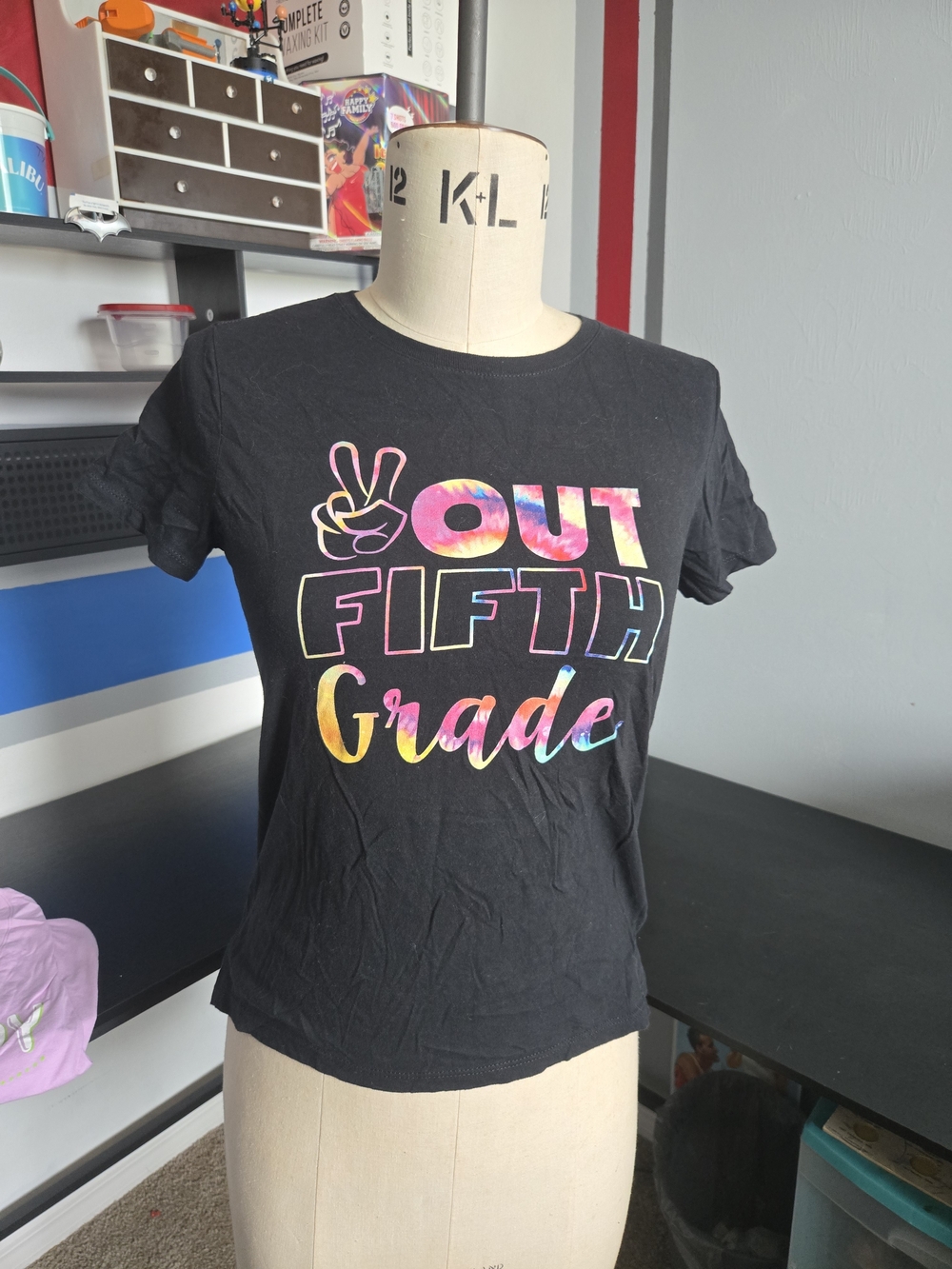 Gildan Black Tee with Bright Multicolor "Out Fifth Grade" Graphic